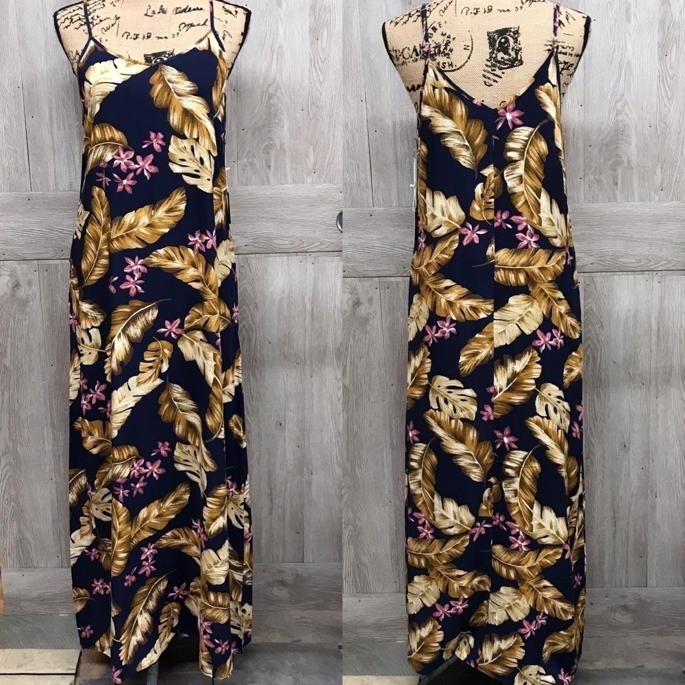 Tropical Print Palm Tank Dress With Pockets Navy